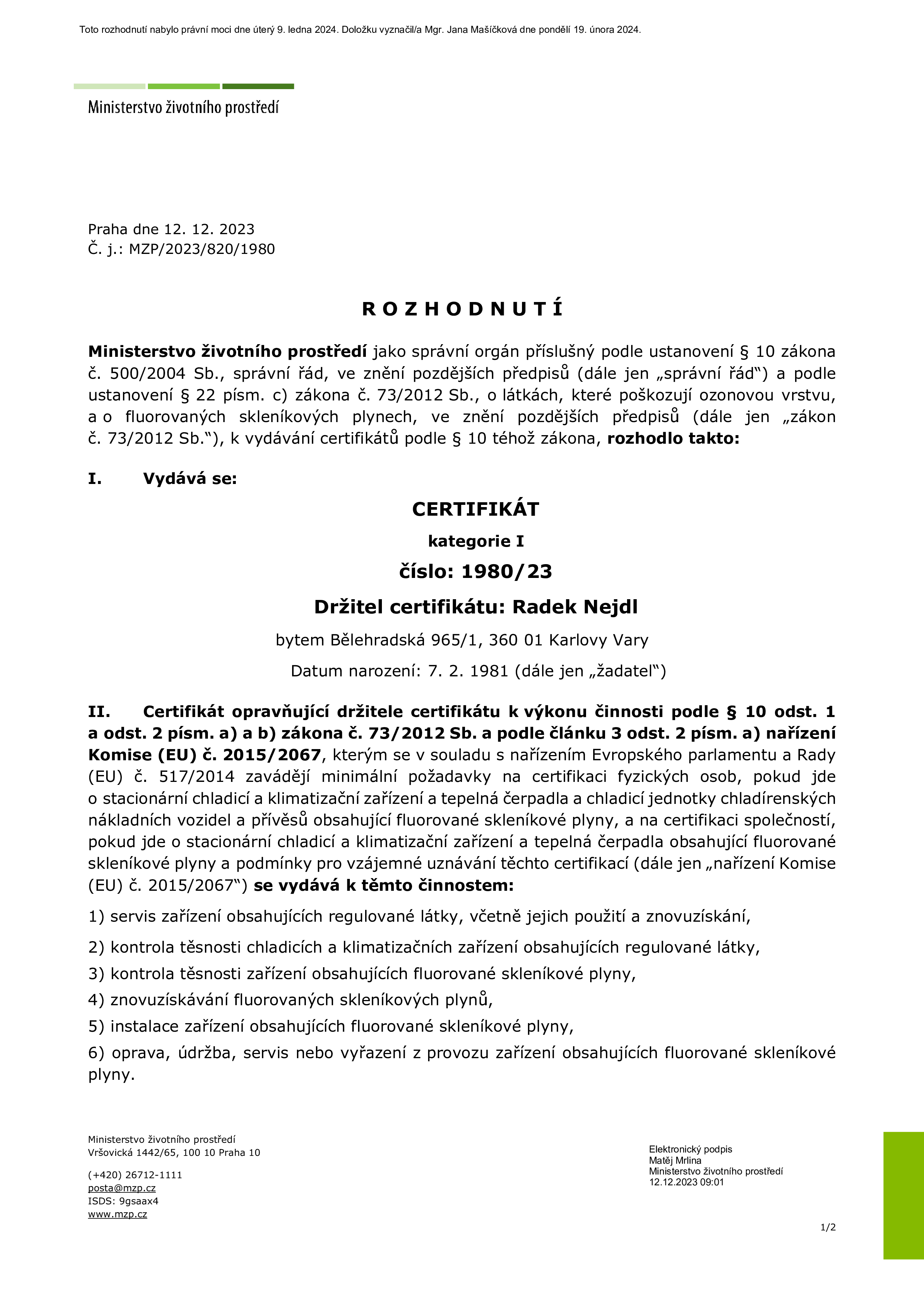 Certifikát klimatizací