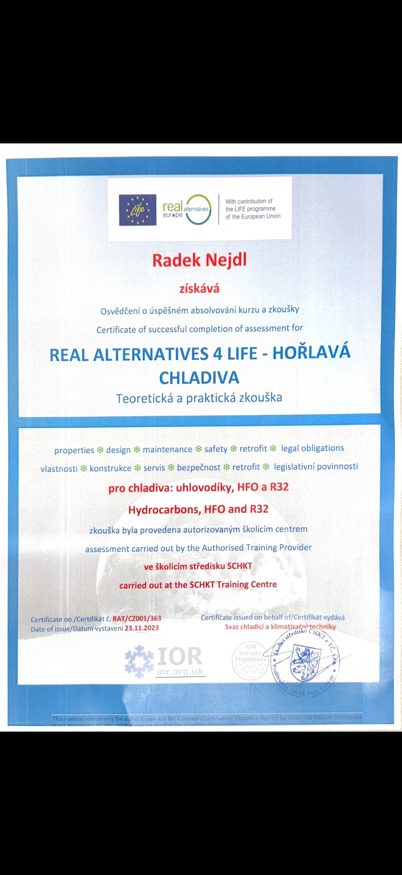 Certifikát hořlavá chladiva