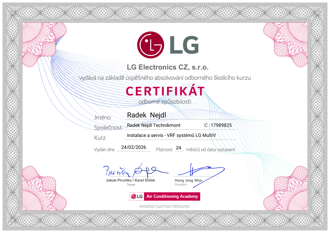 Certifikát LG VRF systémů MultiV